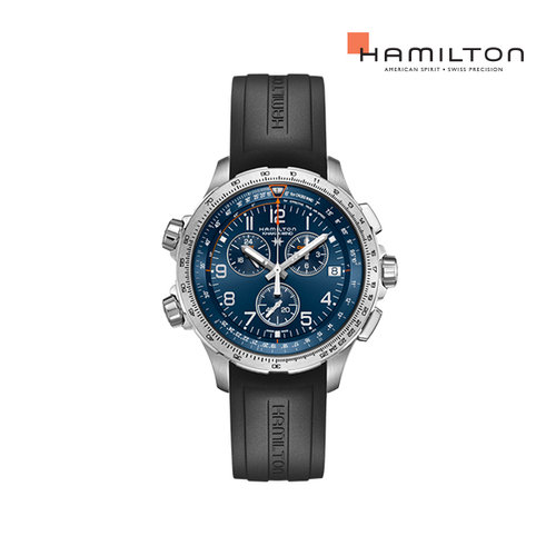 [공식] 해밀턴 H77922341 카키 에비에이션 X-Wind GMT 크로노 쿼츠 46mm 블루 다이얼 블랙 러버 남성 시계